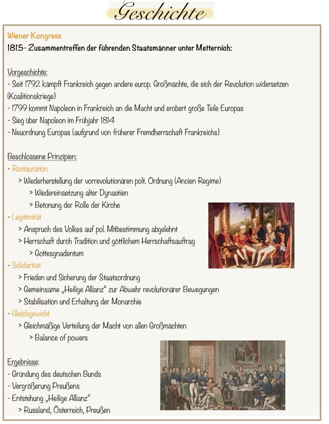Wiener Kongress
1815-Zusammentreffen der führenden Staatsmänner unter Metternich:
Vorgeschichte:
- Seit 1792 kämpft Frankreich gegen andere 