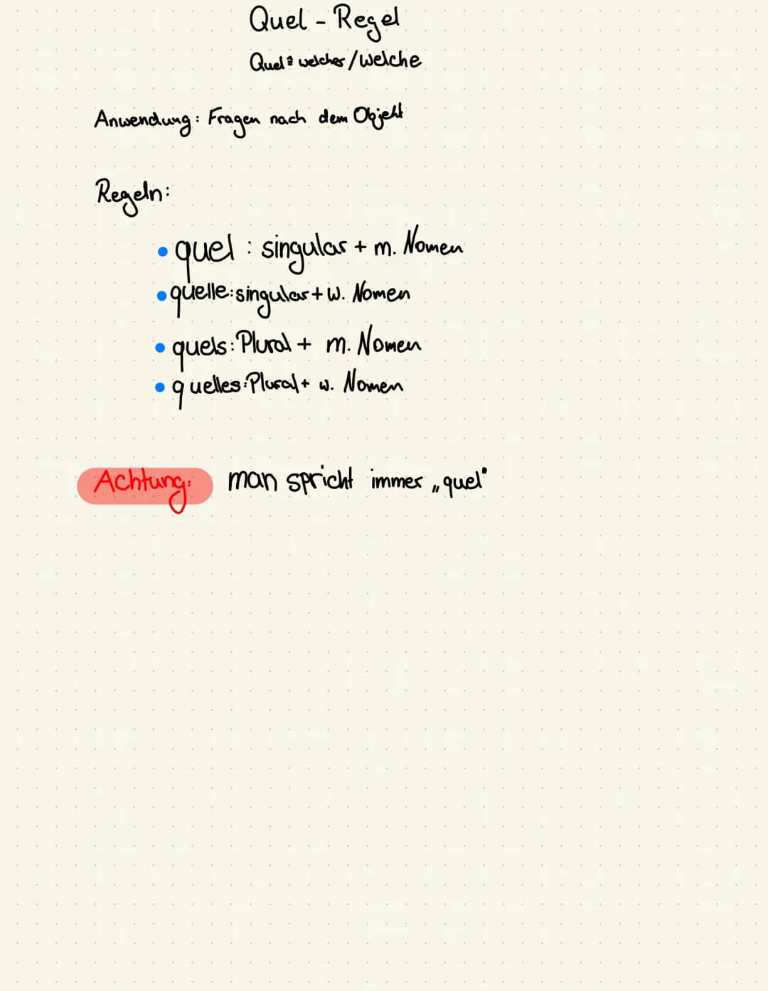 Anwendung: Fragen nach dem Objeht
Regeln:
Quel - Regel
Quel welcher/welche
+ m.
• quel: singular.
•quel
• quelle singular + W. Nomen
●
Nomen