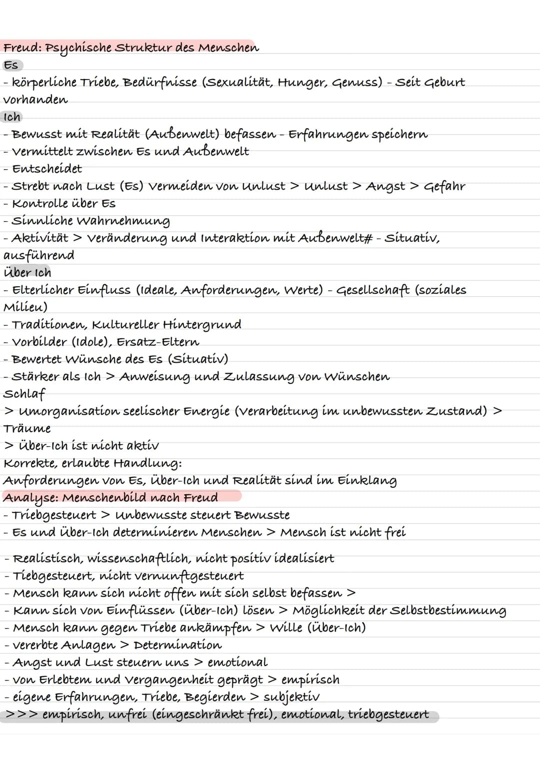 Freud: Psychische Struktur des Menschen
Es
- körperliche Triebe, Bedürfnisse (Sexualität, Hunger, Genuss) - Seit Geburt
vorhanden
Ich
- Bewu