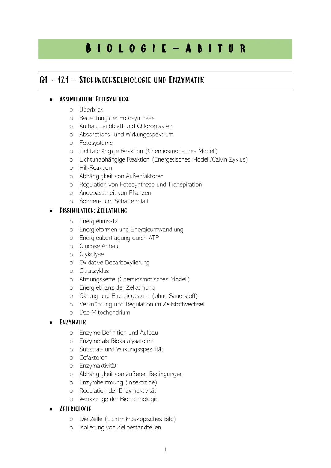 Biologie Abitur Lernzettel und Zusammenfassungen für Klasse 10 und 12