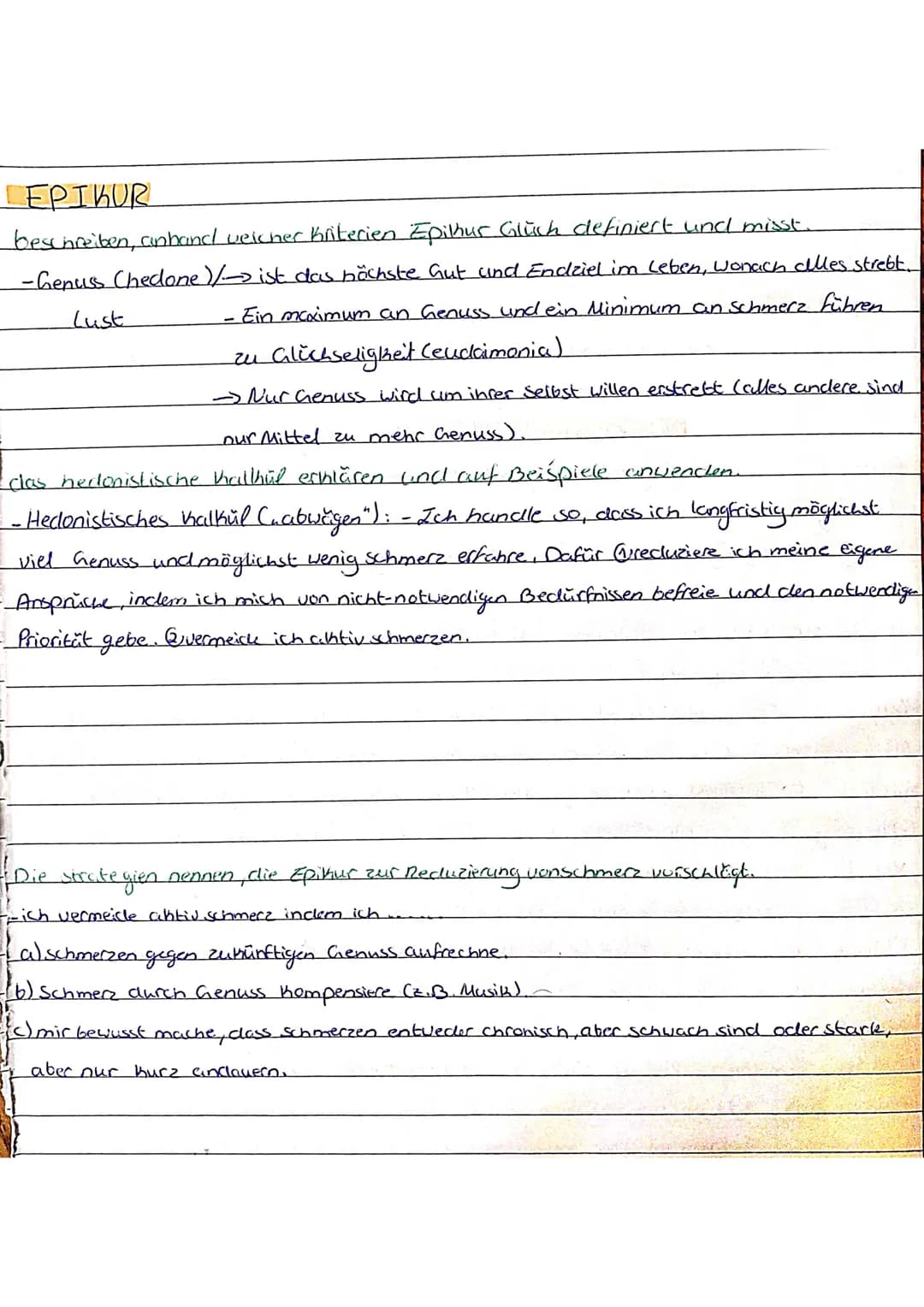 LEPIKUR
beschreiben, anhand weicher Kriterien Epilhur Glück definiert und misst.
-Genuss Chedone ) /--> ist das nächste Gut und Endziel im L