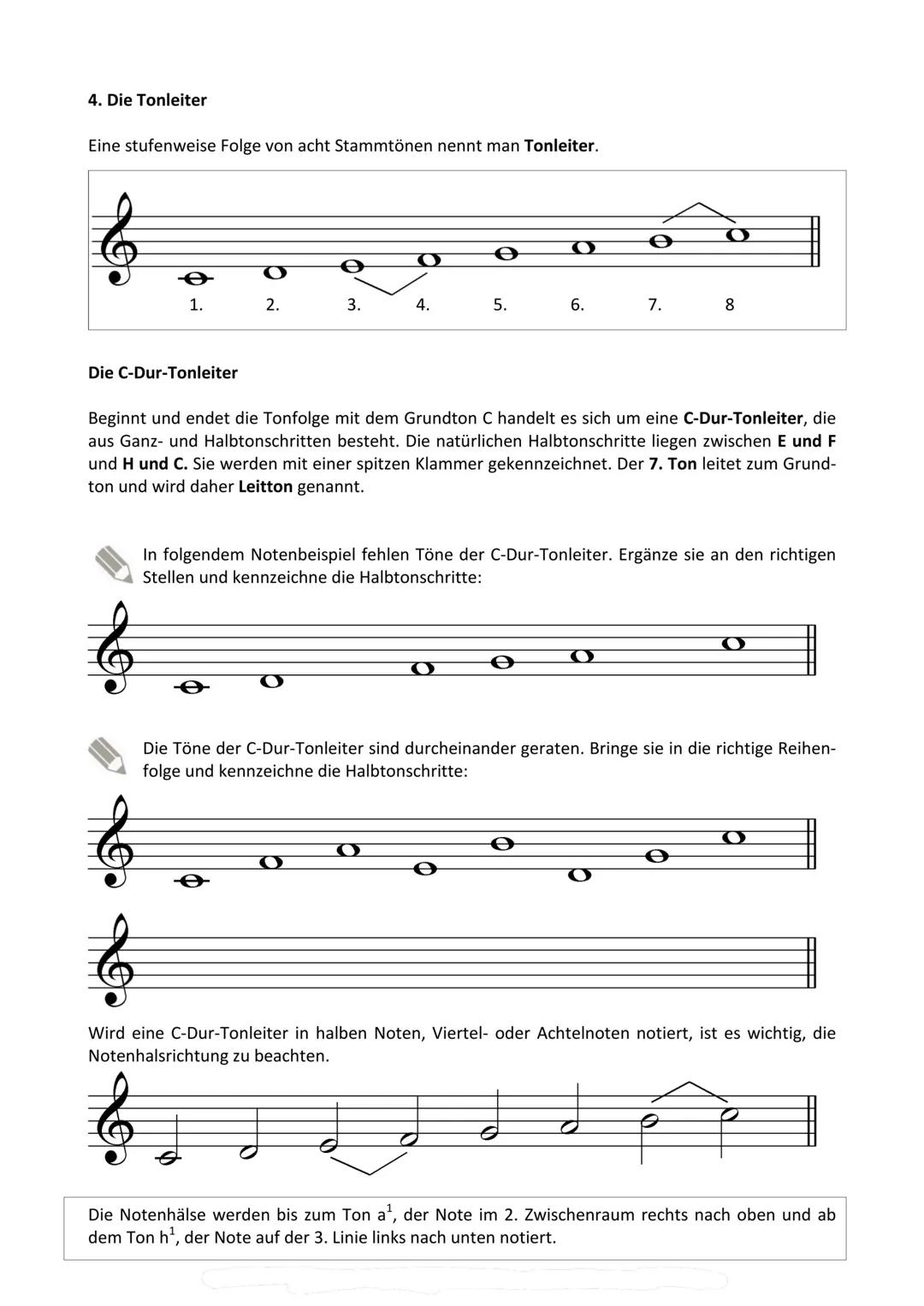 Musik
Grundlagen
mit
Übungsaufgaben 1. Die Noten
Eine Notenzeile hat 5 Notenlinien und 4 Zwischenräume, die von unten nach oben gezählt werd