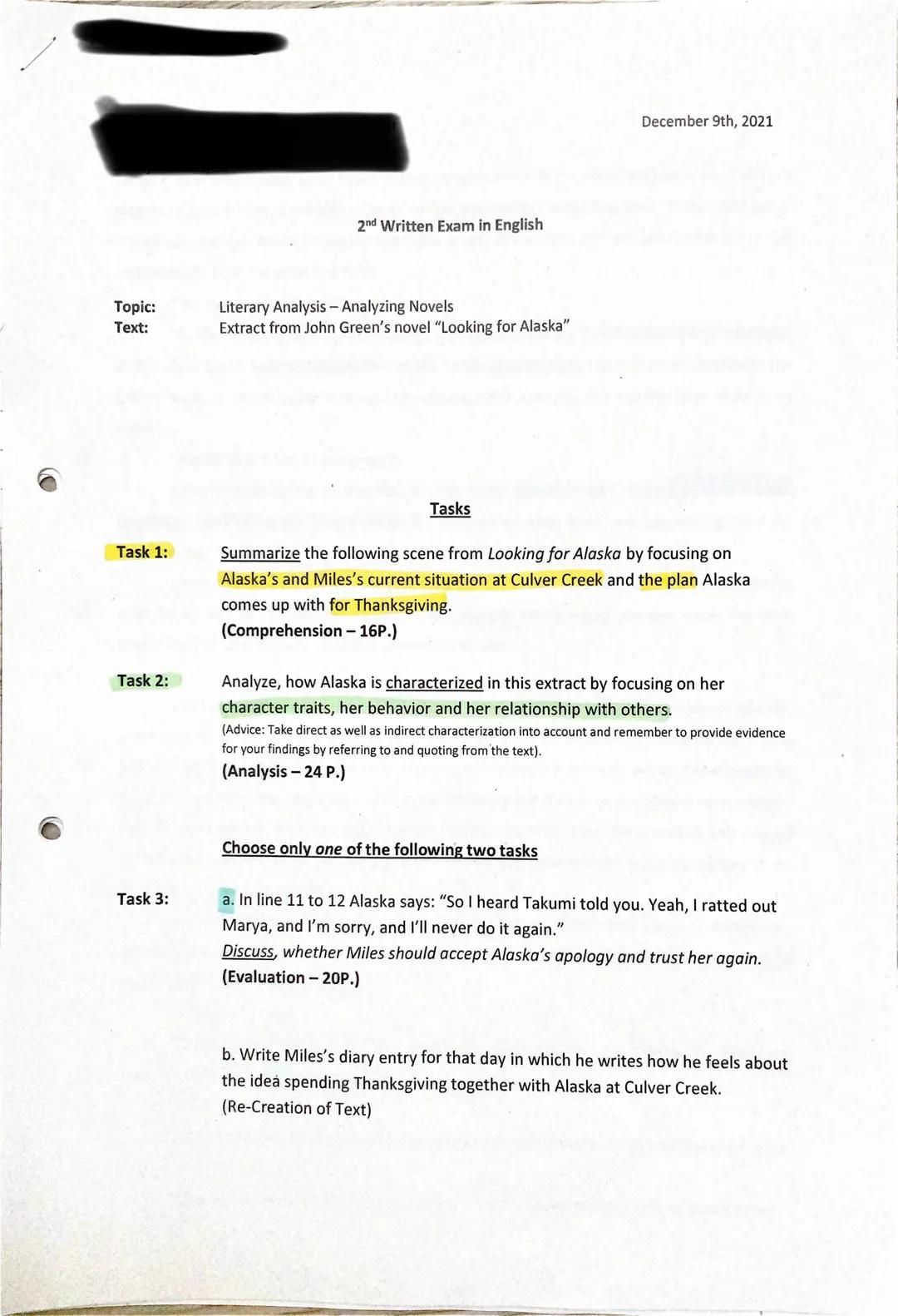 Topic:
Text:
Task 1:
Task 2:
Task 3:
2nd Written Exam in English
Literary Analysis - Analyzing Novels
Extract from John Green's novel "Looki