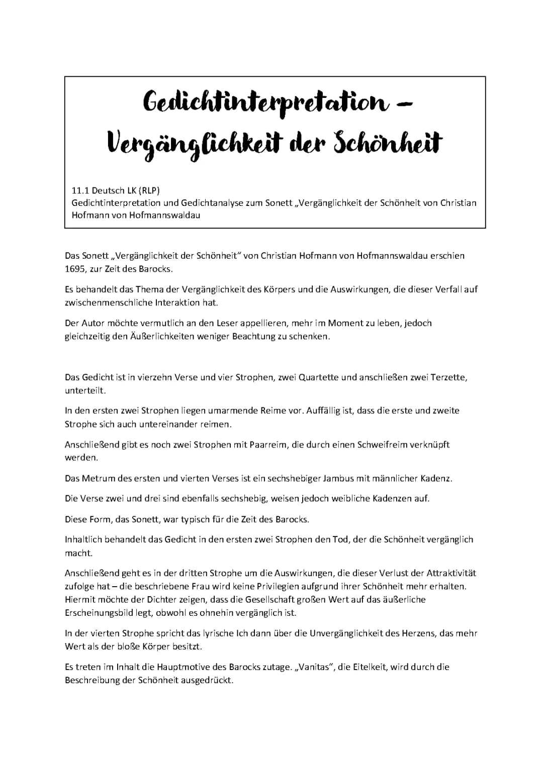 Gedichtinterpretation – Vergänglichkeit der Schönheit
