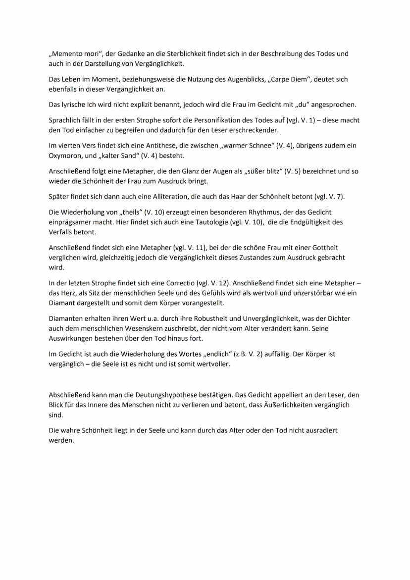 Gedichtinterpretation -
Vergänglichkeit der Schönheit
11.1 Deutsch LK (RLP)
Gedichtinterpretation und Gedichtanalyse zum Sonett ,,Vergänglic