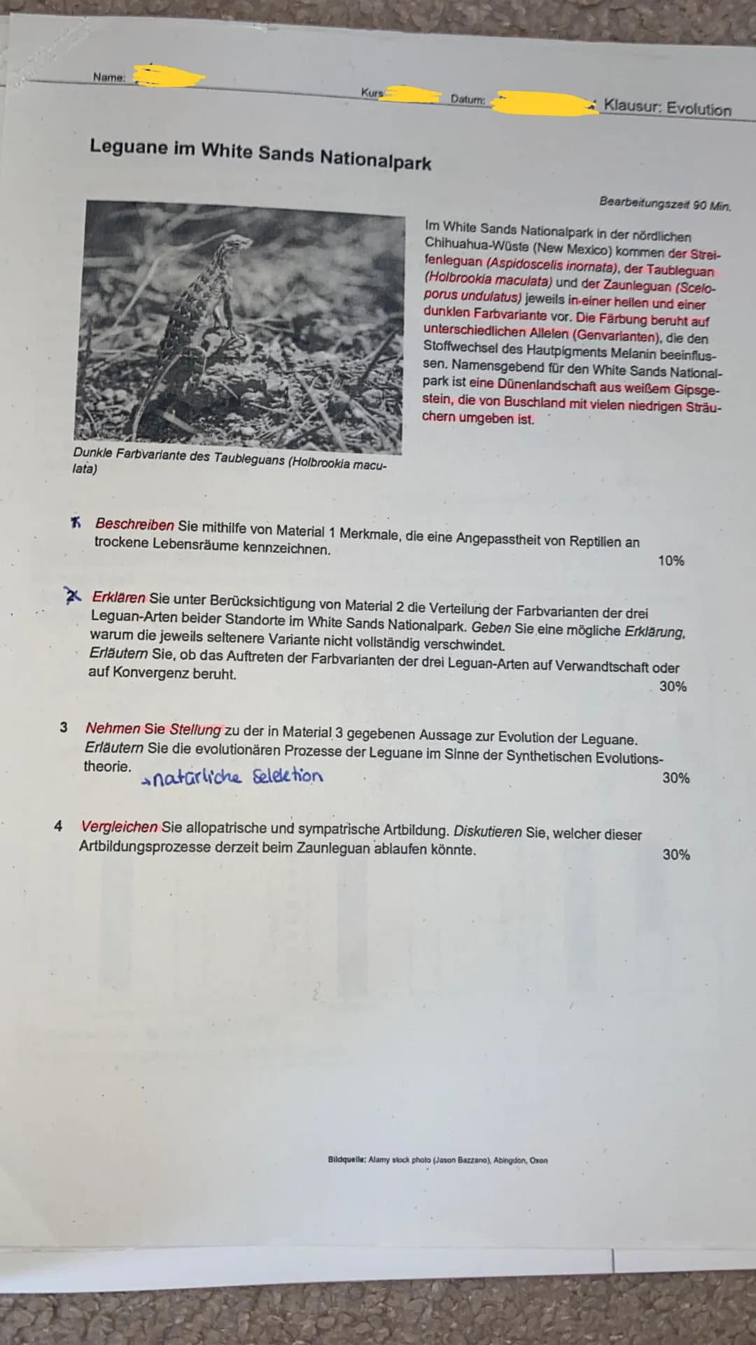 Häufigkeit (%)
Name:
Material 1: Angepasstheit der Reptilien an trockene Lebensräume
Tiere geben nicht benötigte Stoffwechselprodukte
durch 