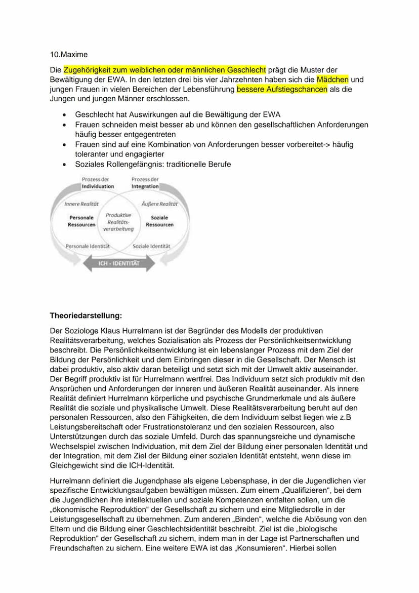 Klaus Hurrelmann: Das Modell der produktiven Realitätsverarbeitung
Entwicklungsaufgaben:
Umsetzung von psychischen, physischen und sozialen 