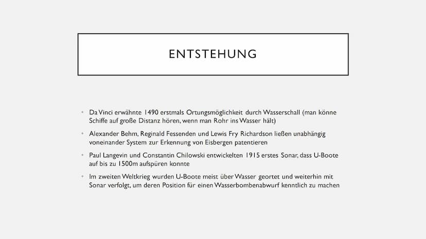 SONAR
Von Bennet Ristock ●
●
●
●
Funktion
Entstehung
Aktives Sonar
Passives Sonar
Wale und Delfine
GLIEDERUNG FUNKTION
Sen den
Empfänger
ref