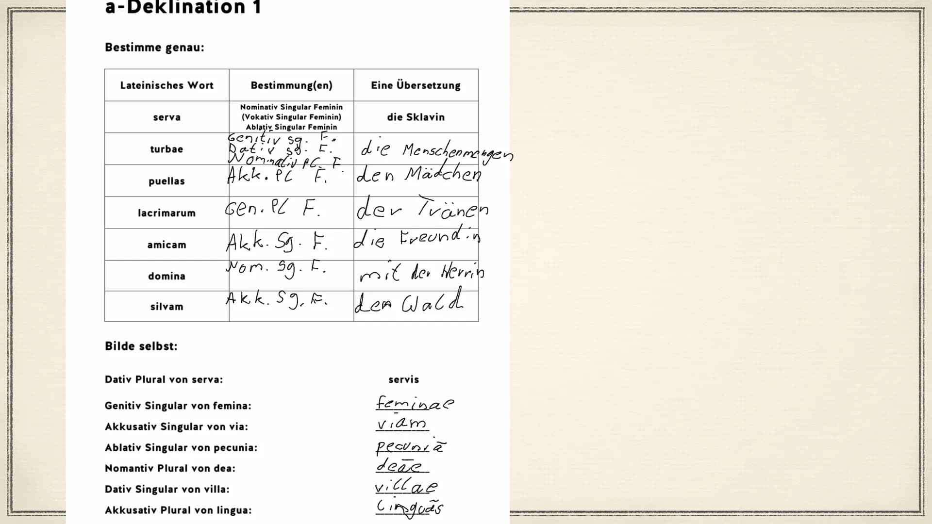 Latein
8.6.2021 Fall: Nominativ: "Wer oder was?"
Fall: Genitiv: "Wessen?"
Fall: Dativ: "Wem?"
Fall: Akkusativ.: "Wen oder was"
Im Deutschen
