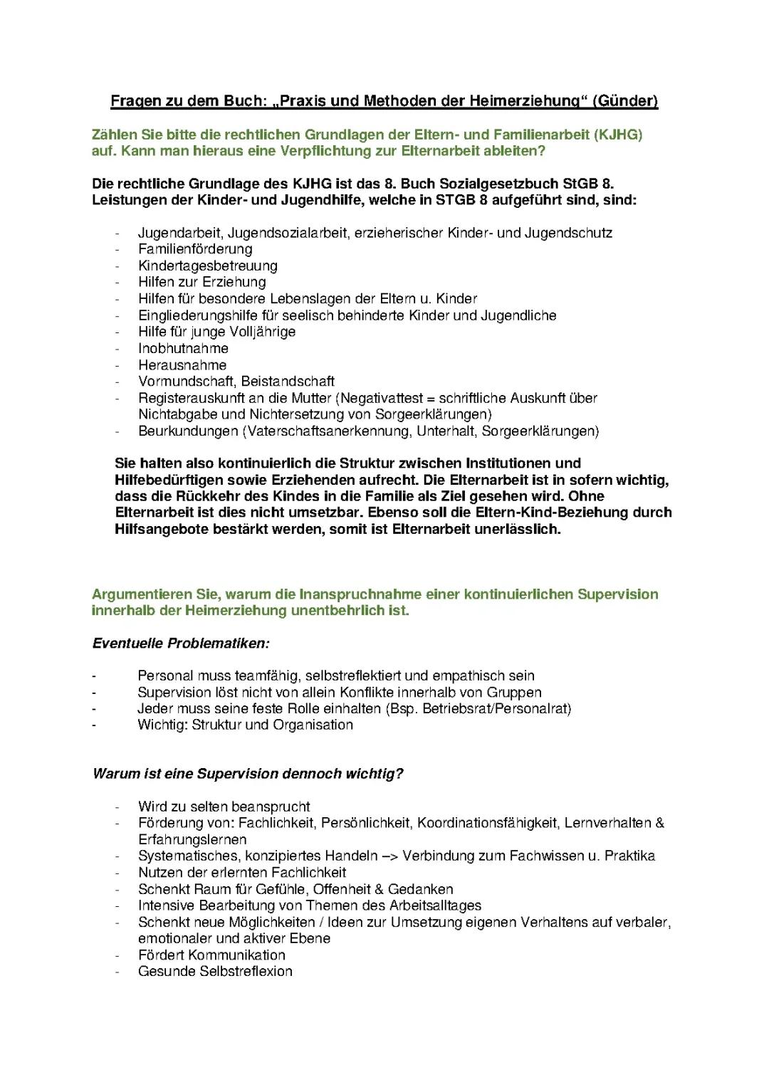 Zusammenfassung des Buches: „Praxis und Methoden der Heimerziehung“ (Günder)