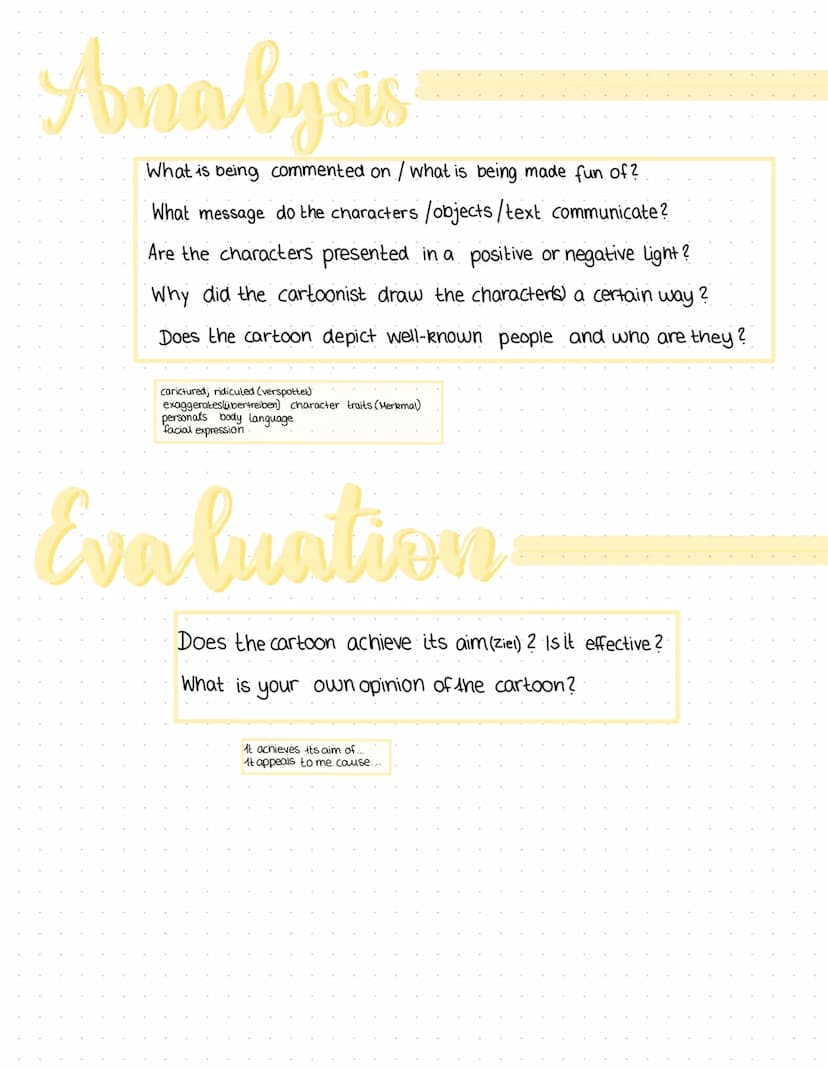 Analysis
What is being commented on /what is being made fun of?
What message do the characters /objects/text communicate ?
Are the character