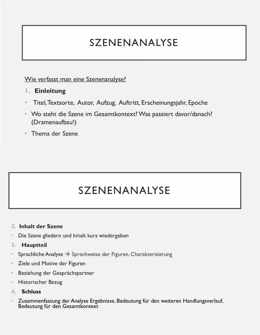 .
.
•
•
.
Wie verfasst man eine Szenenanalyse?
1. Einleitung
●
2. Inhalt der Szene
Die Szene gliedern und Inhalt kurz wiedergeben
3. Hauptte