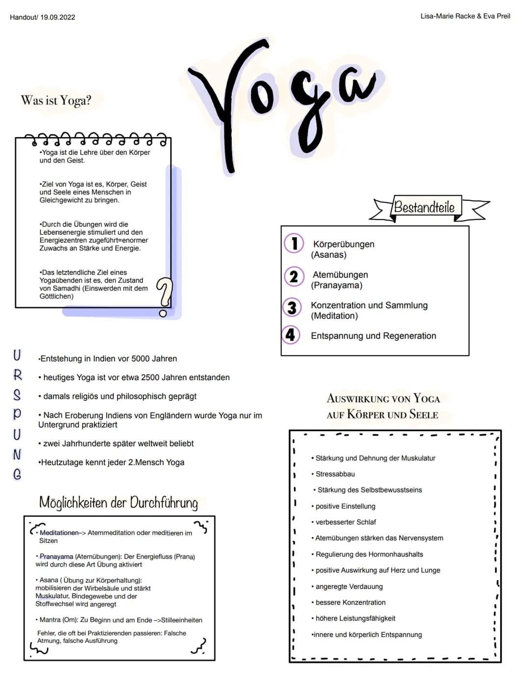 Handout/ 19.09.2022
Was ist Yoga?
URSQU
р
N
G
•Yoga ist die Lehre über den Körper
und den Geist.
•Ziel von Yoga ist es, Körper, Geist
und Se