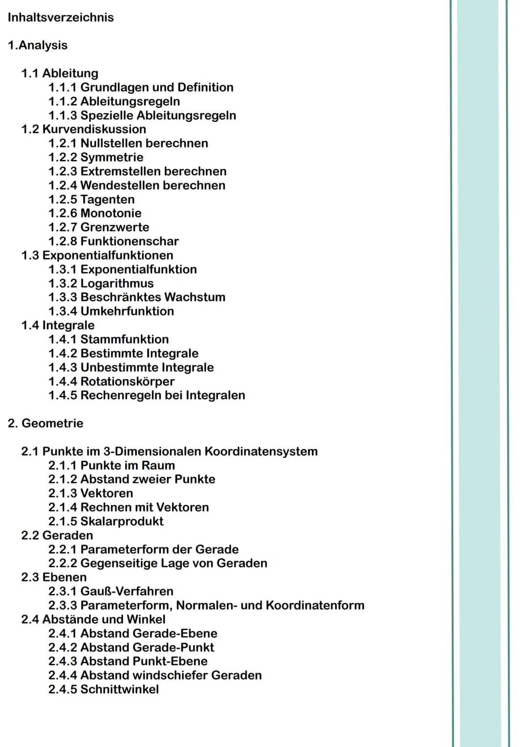 Mathe Abitur Lernzettel
von Maxima Inhaltsverzeichnis
1.Analysis
1.1 Ableitung
1.1.1 Grundlagen und Definition
1.1.2 Ableitungsregeln
1.1.3 