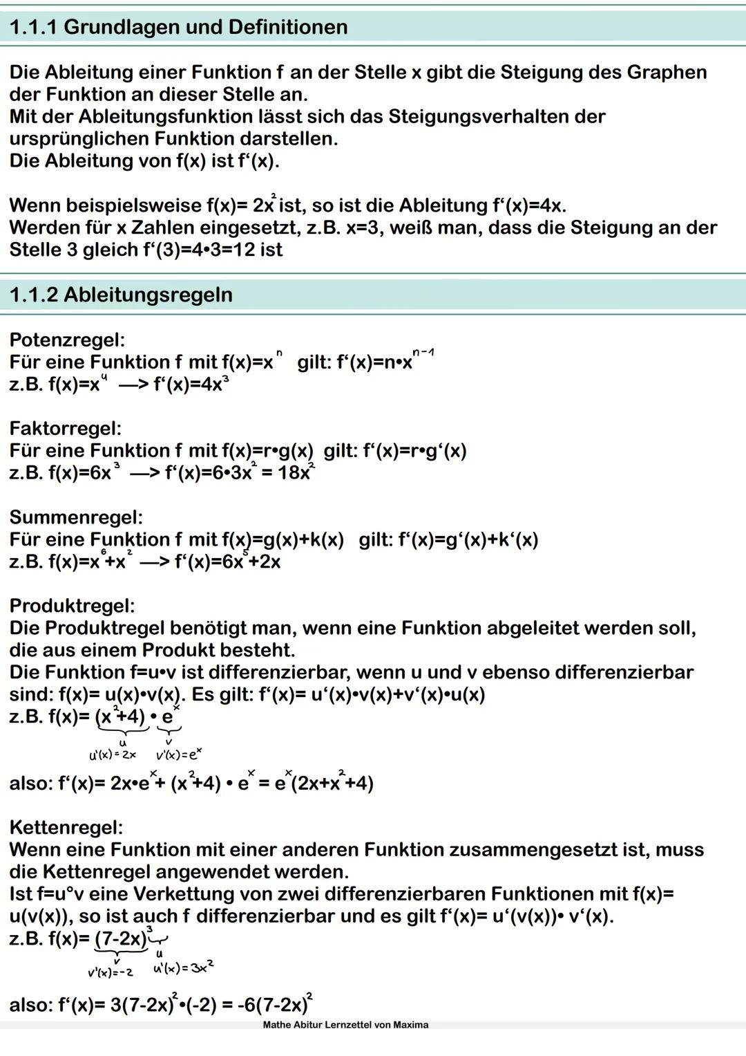Mathe Abitur Lernzettel
von Maxima Inhaltsverzeichnis
1.Analysis
1.1 Ableitung
1.1.1 Grundlagen und Definition
1.1.2 Ableitungsregeln
1.1.3 