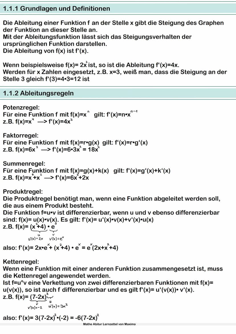 Mathe Abitur Lernzettel
von Maxima Inhaltsverzeichnis
1.Analysis
1.1 Ableitung
1.1.1 Grundlagen und Definition
1.1.2 Ableitungsregeln
1.1.3 