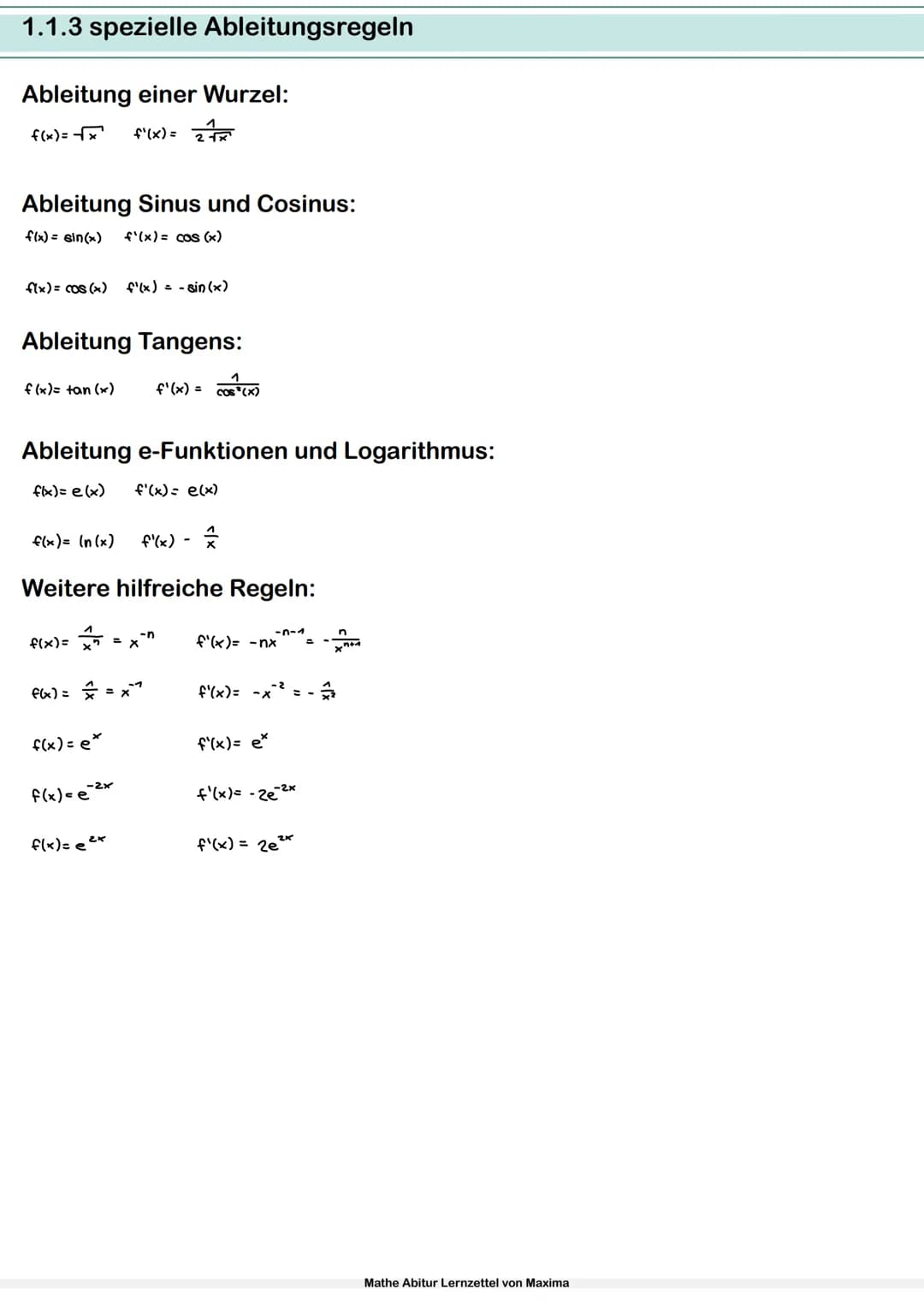 Mathe Abitur Lernzettel
von Maxima Inhaltsverzeichnis
1.Analysis
1.1 Ableitung
1.1.1 Grundlagen und Definition
1.1.2 Ableitungsregeln
1.1.3 