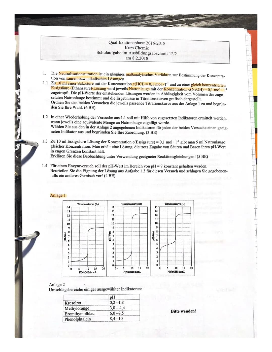 1.
Die Neutralisationstitration ist ein gängiges maßanalytisches Verfahren zur Bestimmung der Konzentra-
tion von sauren bzw. alkalischen Lö