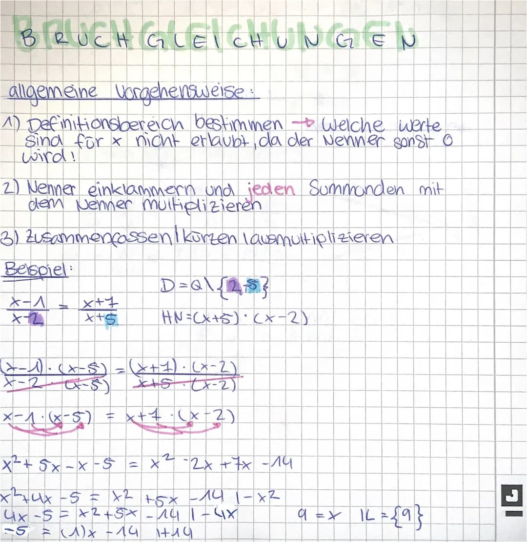 BRUCH GLEICHUNGEN
allgemeine Vorgehensweise.
Welche werte
1) Definitionsbereich bestimmen
Sind for nicht erlaubt, da der Nenner sonst o
wird