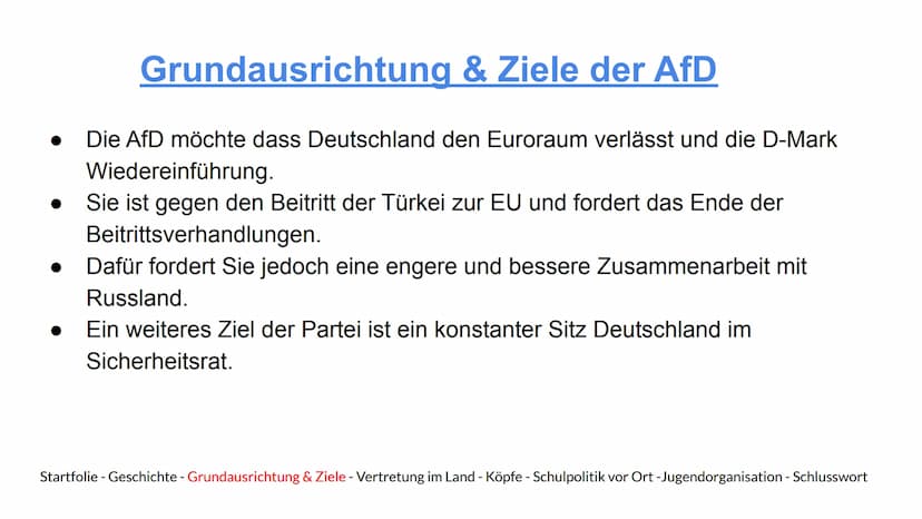 AFD
Alternative
für
Alternative für Deutschland
Deutschland
Eine Präsentation von Hannes, Indon, Jamie, Maxi und Marijke
Startfolie - Geschi