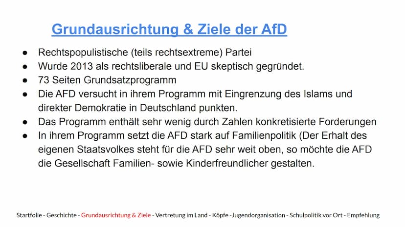 AFD
Alternative
für
Alternative für Deutschland
Deutschland
Eine Präsentation von Hannes, Indon, Jamie, Maxi und Marijke
Startfolie - Geschi