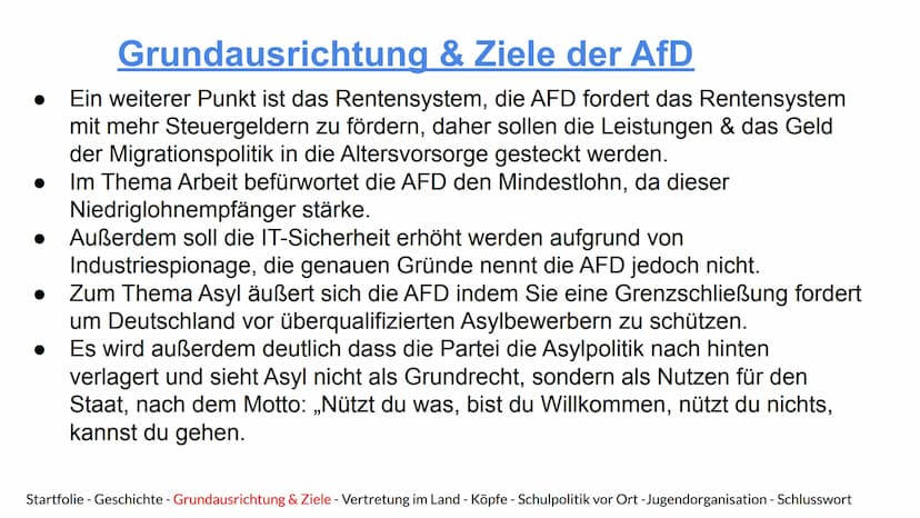 AFD
Alternative
für
Alternative für Deutschland
Deutschland
Eine Präsentation von Hannes, Indon, Jamie, Maxi und Marijke
Startfolie - Geschi