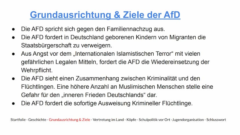 AFD
Alternative
für
Alternative für Deutschland
Deutschland
Eine Präsentation von Hannes, Indon, Jamie, Maxi und Marijke
Startfolie - Geschi