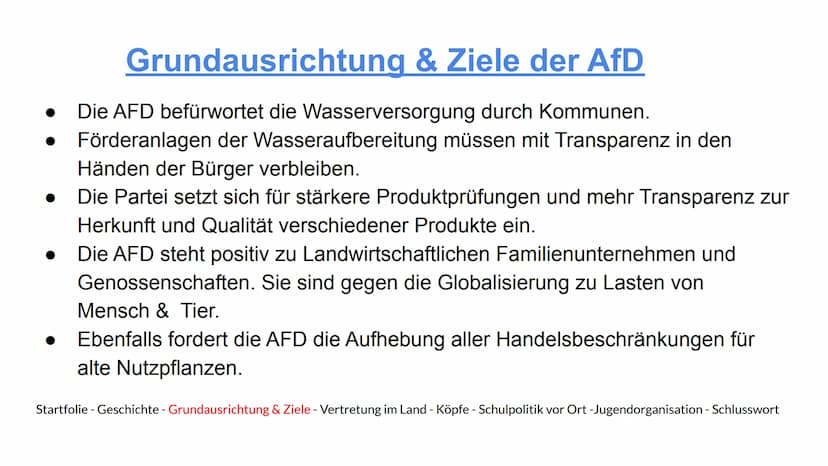 AFD
Alternative
für
Alternative für Deutschland
Deutschland
Eine Präsentation von Hannes, Indon, Jamie, Maxi und Marijke
Startfolie - Geschi