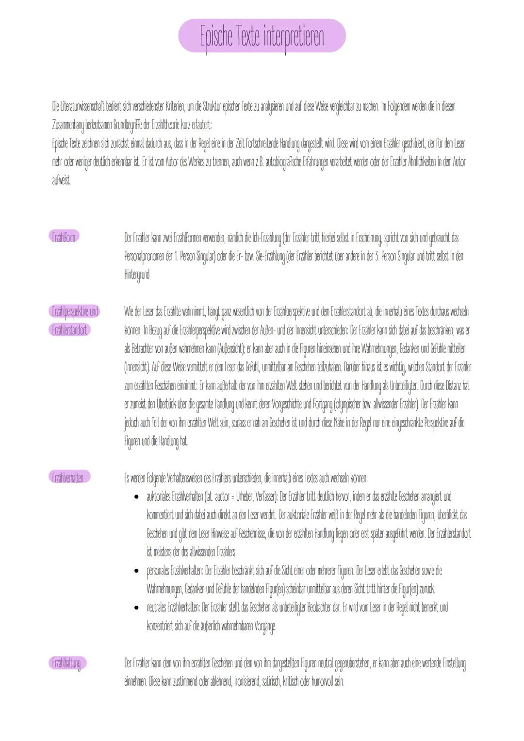 # Epische Texte interpretieren

Die Literaturwissenschaft bedient sich verschiedenster Kriterien, um die Struktur epischer Texte zu analysie