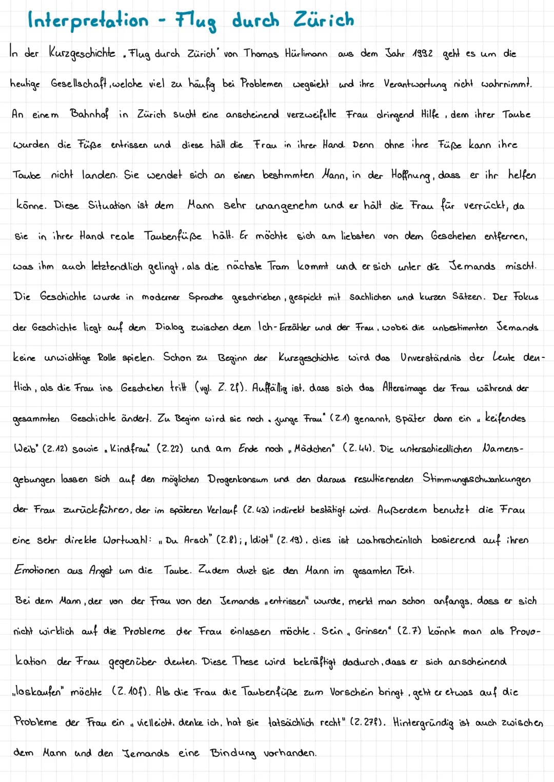 Interpretation - Flug
Flug durch Zürich
er ihr helfen
In der Kurzgeschichte. Flug durch Zürich von Thomas Hürlimann aus dem Jahr 1992 geht e