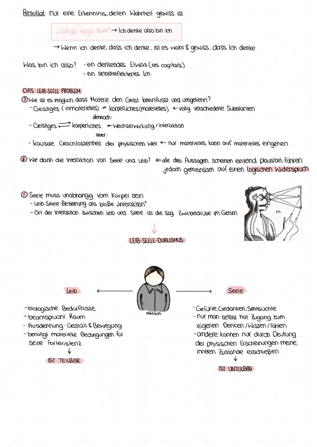 René Descartes
Als Dualismus (von (at duo: Zwei) wird die Lehre bezeichnet, dass der Mensch ein aus zwei Teilen
zusammengesetztes Wesen ist.