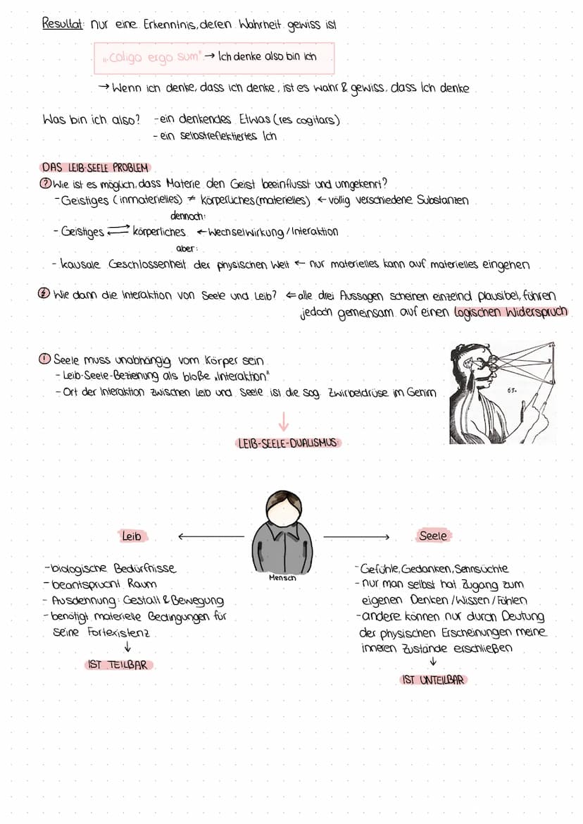 René Descartes
Als Dualismus (von (at duo: Zwei) wird die Lehre bezeichnet, dass der Mensch ein aus zwei Teilen
zusammengesetztes Wesen ist.