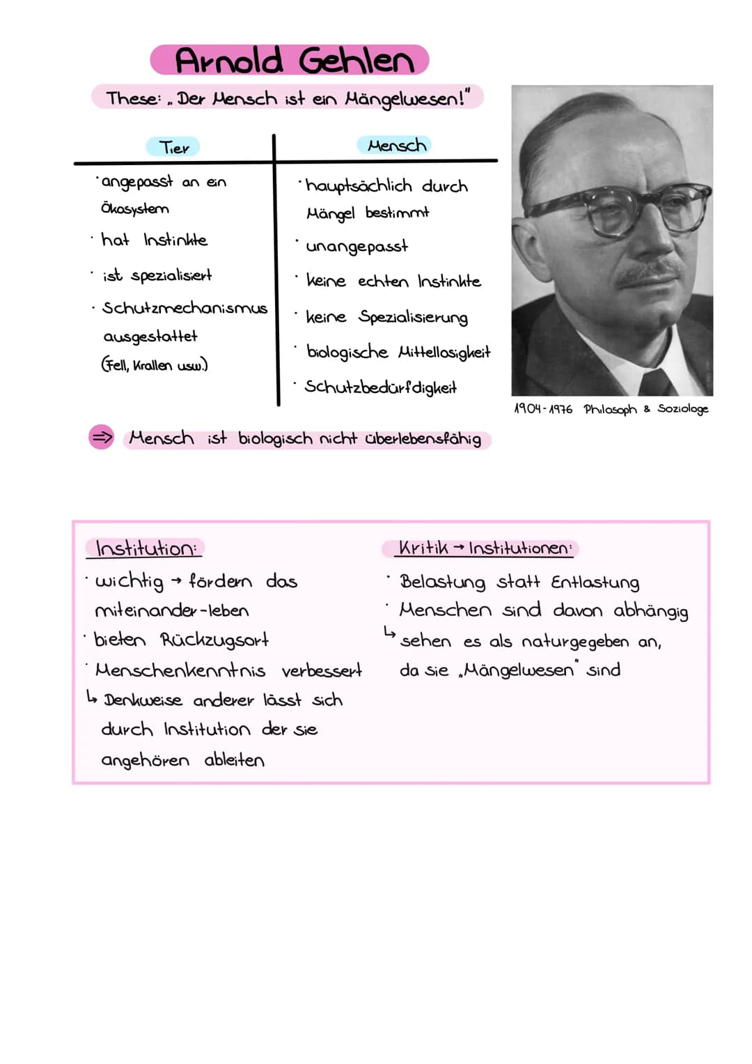 Arnold Gehlen
These: Der Mensch ist ein Mängelwesen!"
Tier
angepasst an ein
Ökosystem
hat Instinkte
· ist spezialisiert
• Schutzmechanismus
