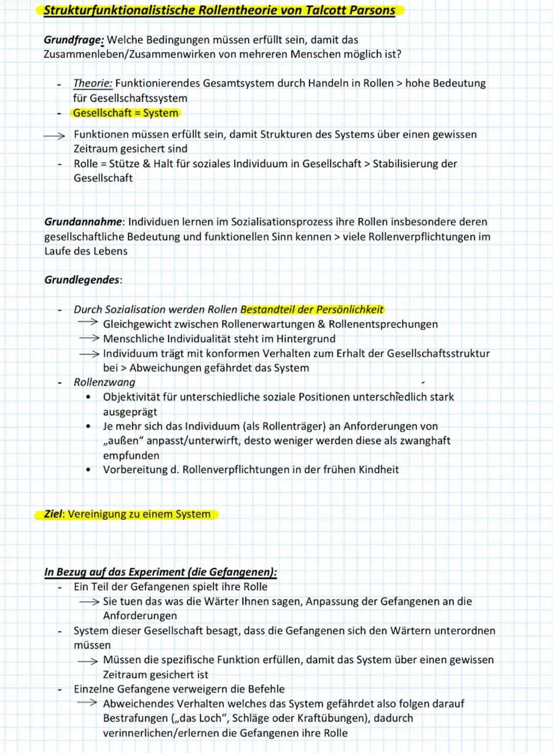 Strukturfunktionalistische Rollentheorie von Talcott Parsons
Grundfrage: Welche Bedingungen müssen erfüllt sein, damit das
Zusammenleben/Zus