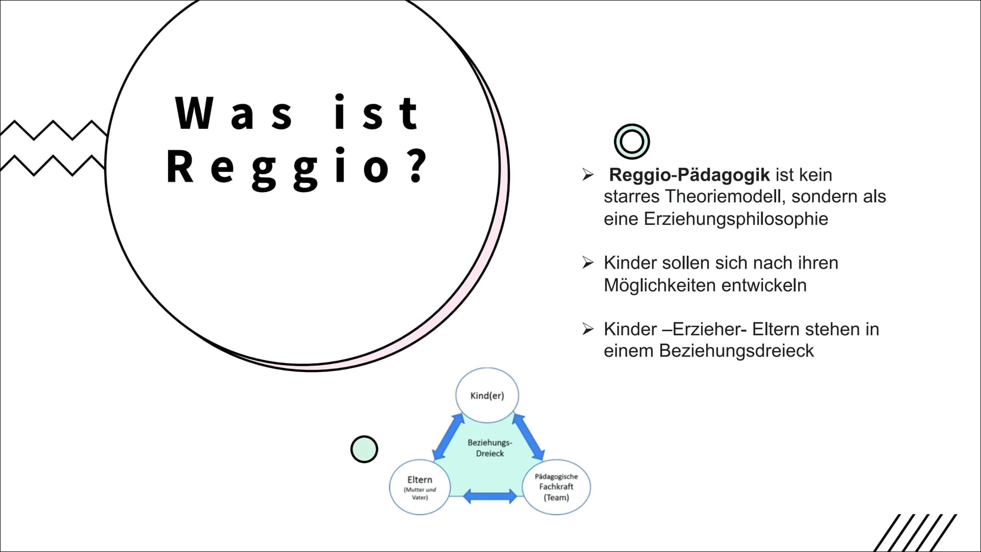 Reggio
Frances Kutz
oksi 29.11.2022
REGGIO
Themen
Was ist Reggio
➤ Beziehungsdreieck
➤ Gründer und sein Konzept
> Entstehung
➤ Ziele
Rolle d