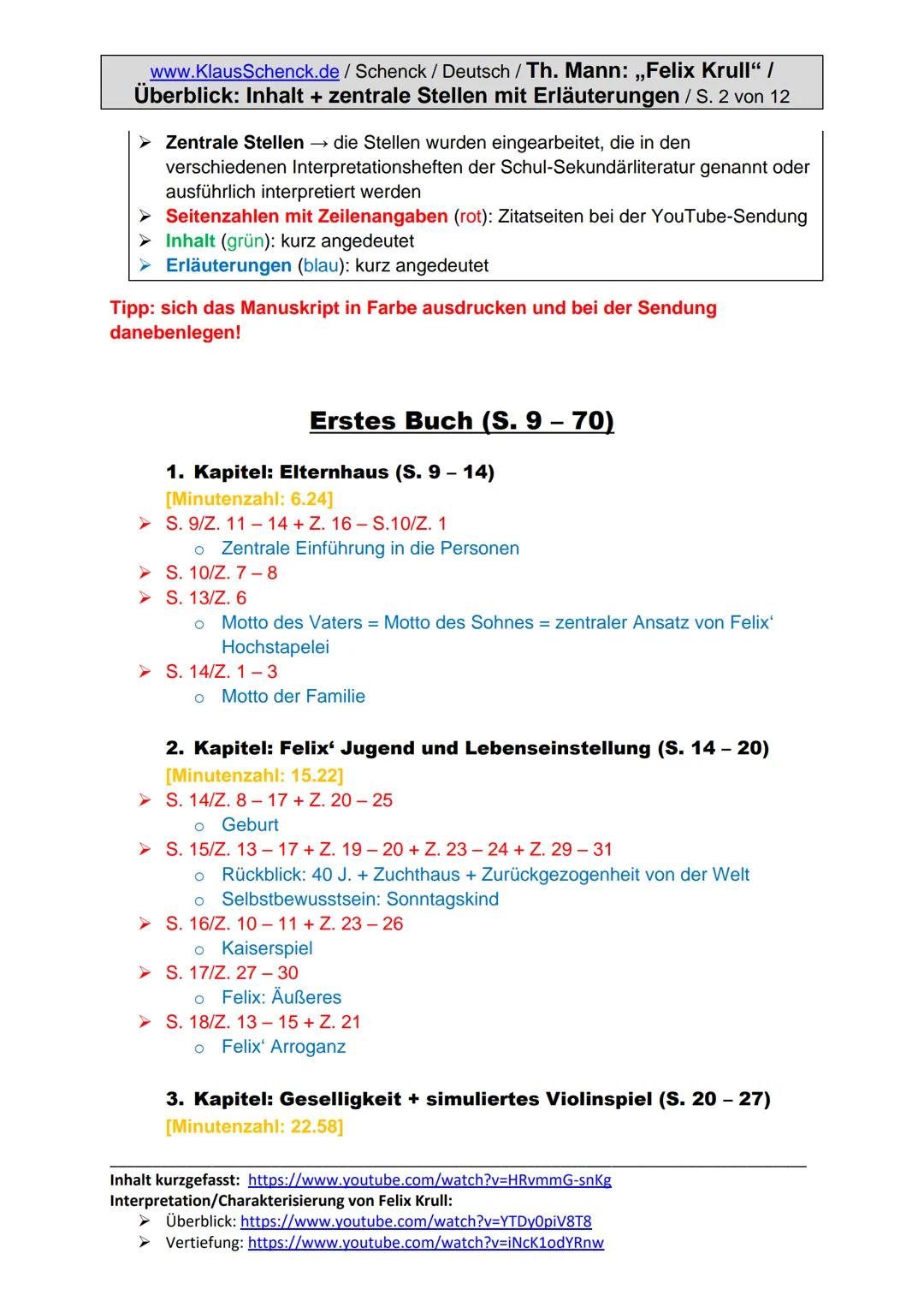 www.KlausSchenck.de/ Schenck / Deutsch / Th. Mann: „Felix Krull“ /
Überblick: Inhalt + zentrale Stellen mit Erläuterungen / S. 1 von 12
Thom
