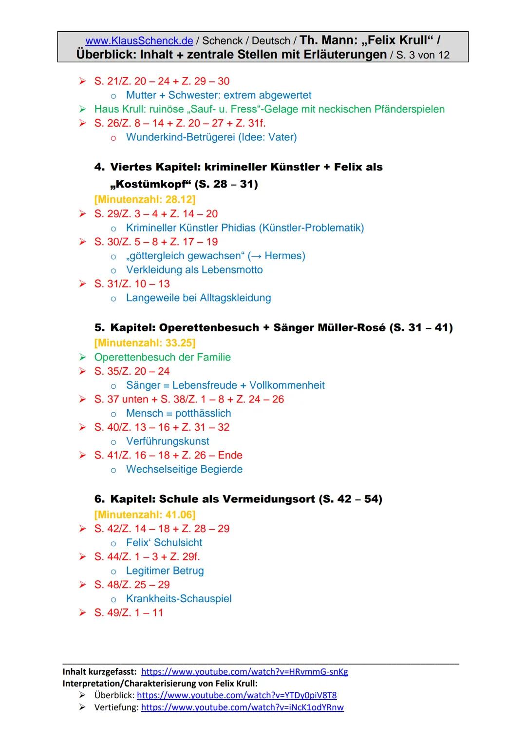 www.KlausSchenck.de/ Schenck / Deutsch / Th. Mann: „Felix Krull“ /
Überblick: Inhalt + zentrale Stellen mit Erläuterungen / S. 1 von 12
Thom