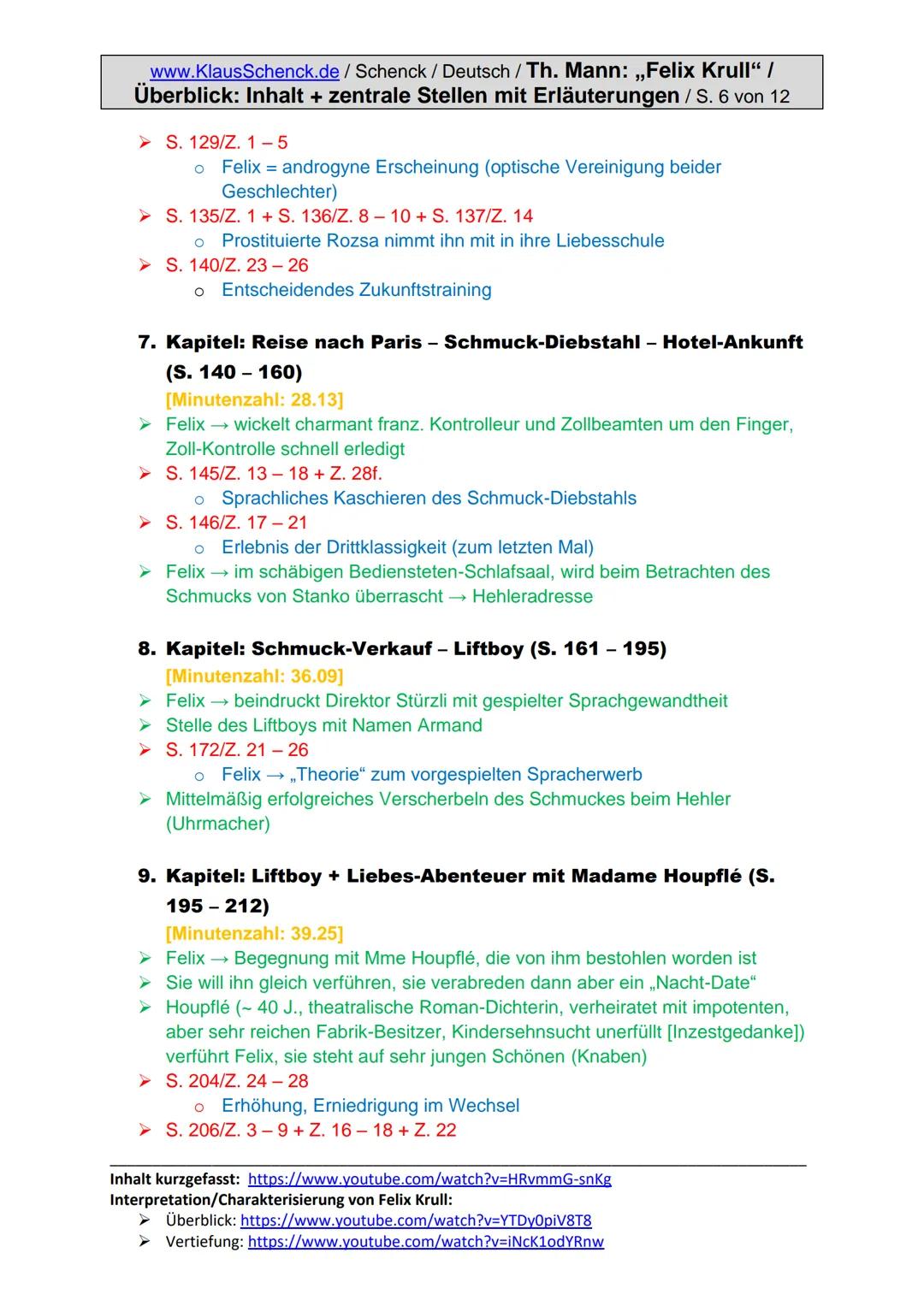 www.KlausSchenck.de/ Schenck / Deutsch / Th. Mann: „Felix Krull“ /
Überblick: Inhalt + zentrale Stellen mit Erläuterungen / S. 1 von 12
Thom