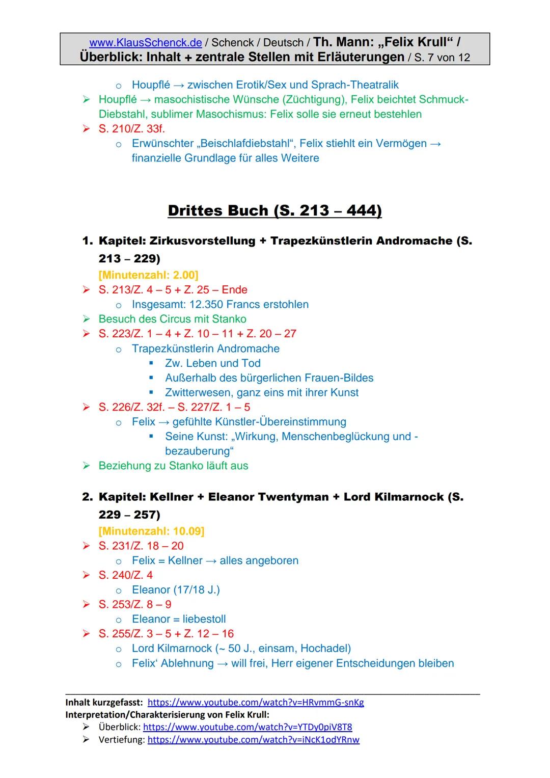www.KlausSchenck.de/ Schenck / Deutsch / Th. Mann: „Felix Krull“ /
Überblick: Inhalt + zentrale Stellen mit Erläuterungen / S. 1 von 12
Thom