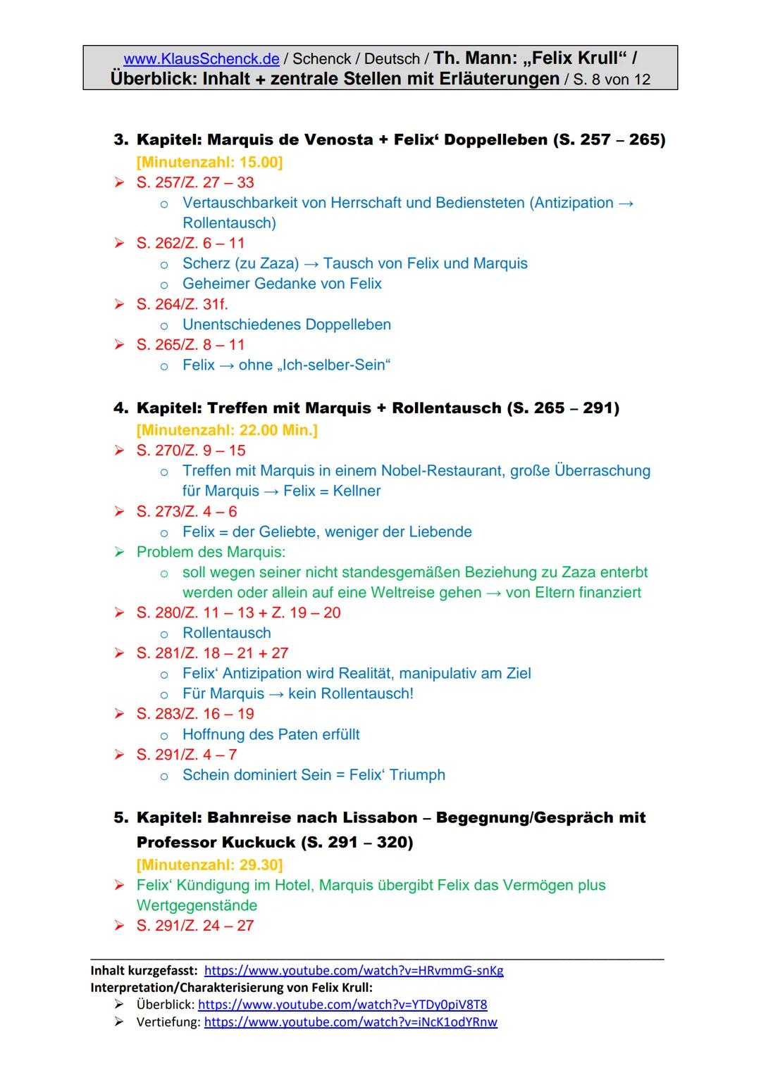 www.KlausSchenck.de/ Schenck / Deutsch / Th. Mann: „Felix Krull“ /
Überblick: Inhalt + zentrale Stellen mit Erläuterungen / S. 1 von 12
Thom