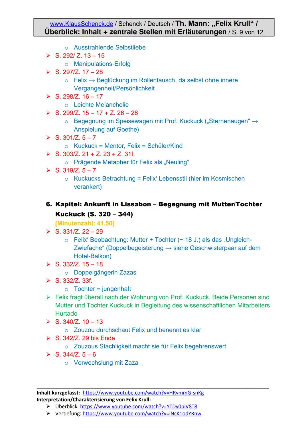 www.KlausSchenck.de/ Schenck / Deutsch / Th. Mann: „Felix Krull“ /
Überblick: Inhalt + zentrale Stellen mit Erläuterungen / S. 1 von 12
Thom