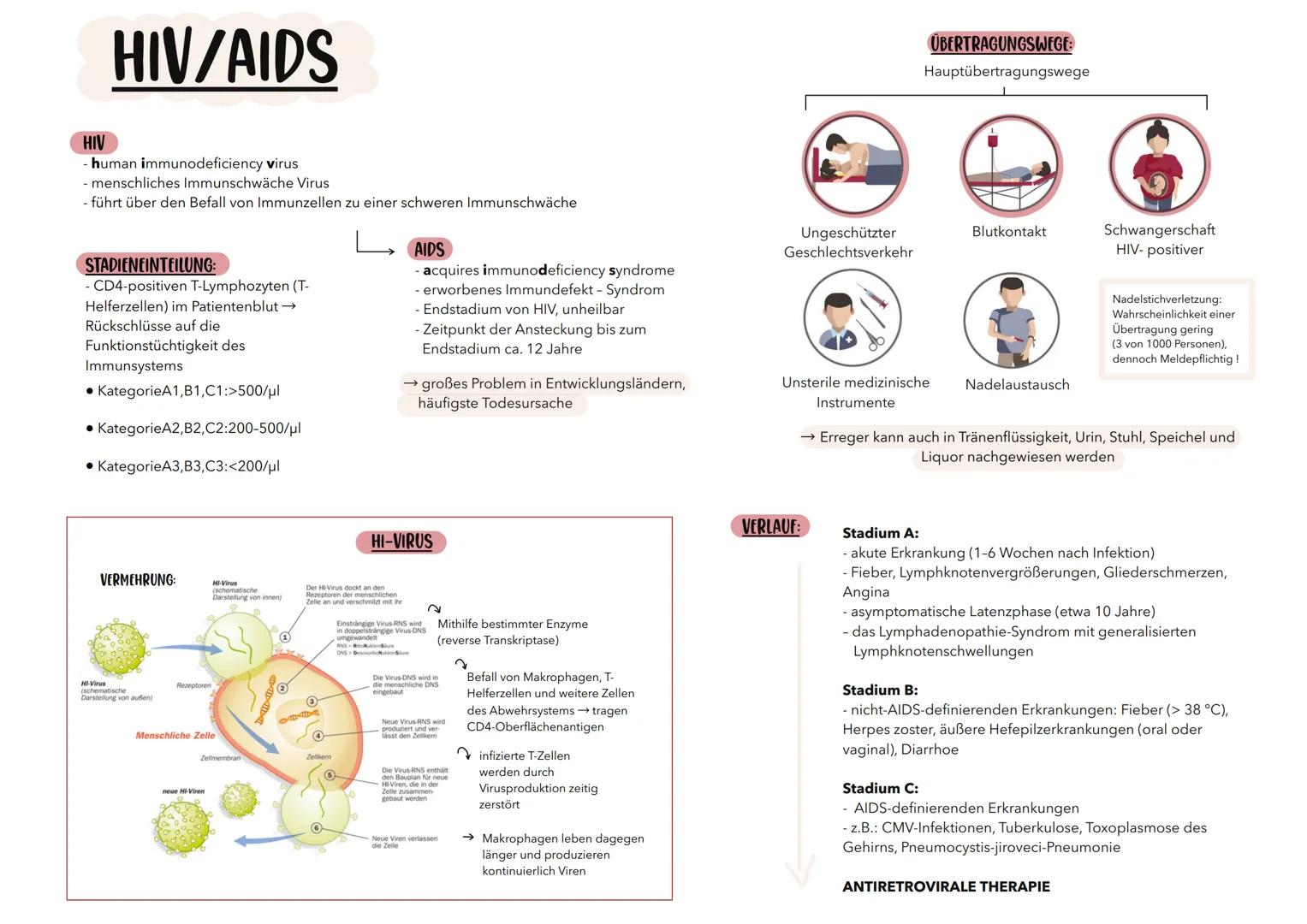HIV/AIDS
HIV
- human immunodeficiency virus
- menschliches Immunschwäche Virus
- führt über den Befall von Immunzellen zu einer schweren Imm