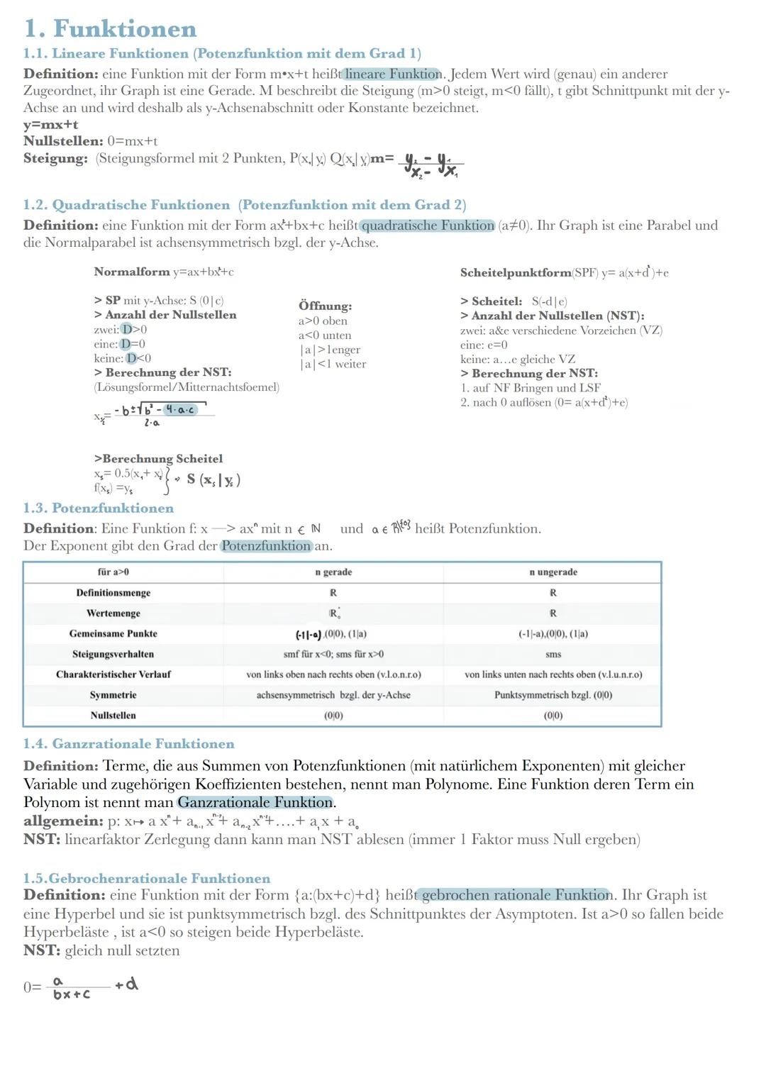 1. Funktionen
1.1. Lineare Funktionen (Potenzfunktion mit dem Grad 1)
Definition: eine Funktion mit der Form mex+t heißt lineare Funktion. J