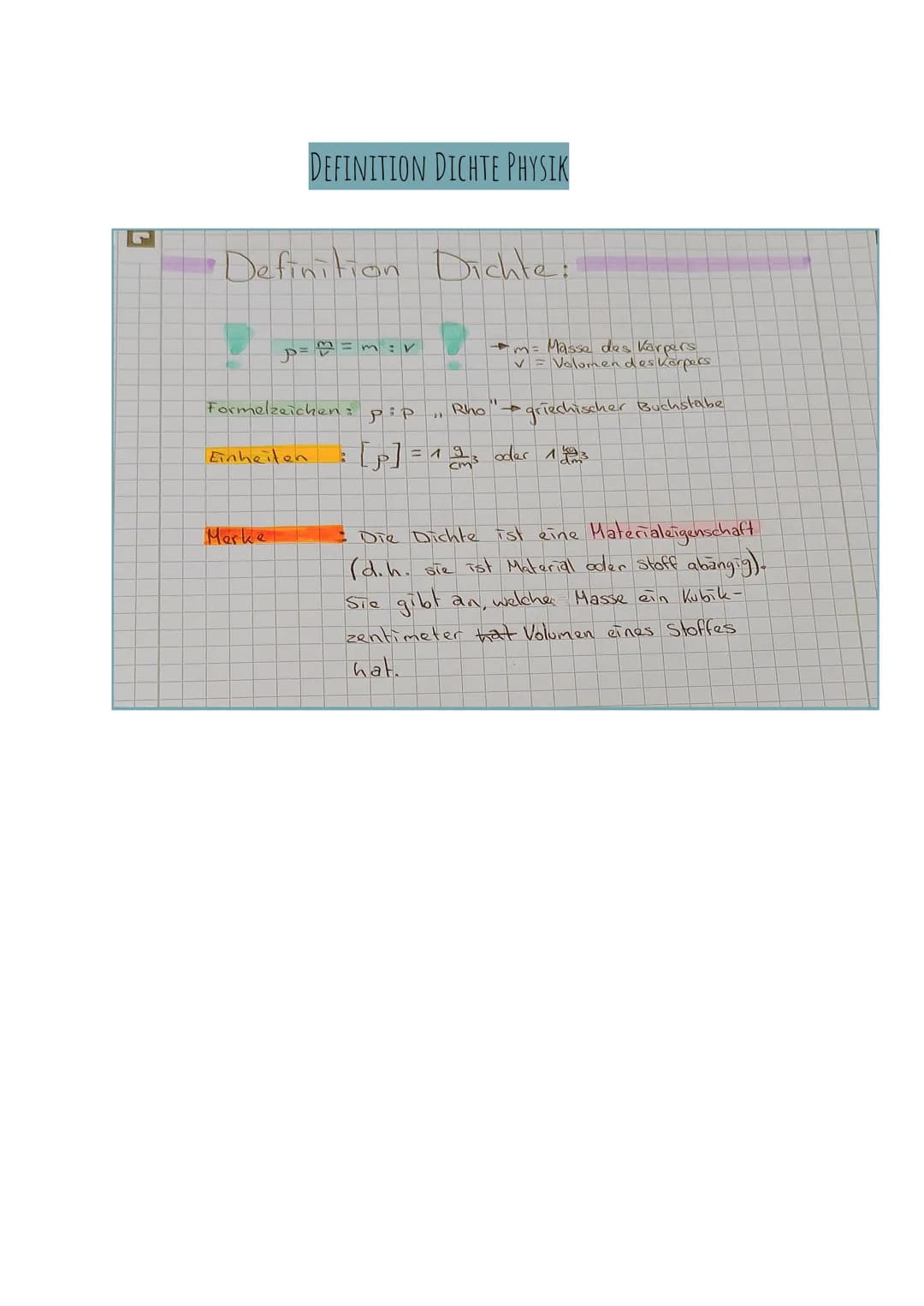 L
Definition Dichte:
DEFINITION DICHTE PHYSIK
Formelzeichen:
Einheiten
Marke
R
Pip
}}
Rho
Masse des Körpers
V = Volumen des Körpers
"1
+ gri