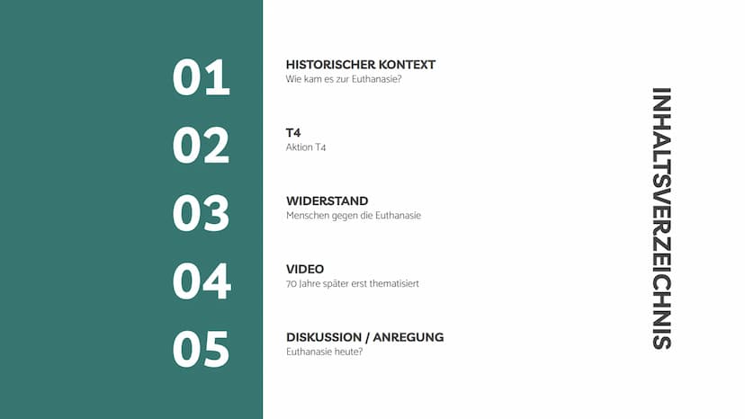 EUTHANASIE
Cynthia Schömer 01
02
03
04
05
HISTORISCHER KONTEXT
Wie kam es zur Euthanasie?
T4
Aktion T4
WIDERSTAND
Menschen gegen die Euthana