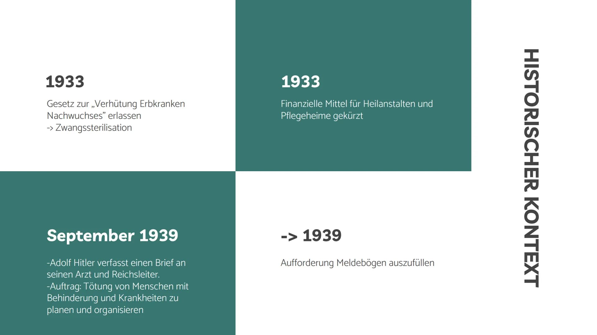EUTHANASIE
Cynthia Schömer 01
02
03
04
05
HISTORISCHER KONTEXT
Wie kam es zur Euthanasie?
T4
Aktion T4
WIDERSTAND
Menschen gegen die Euthana