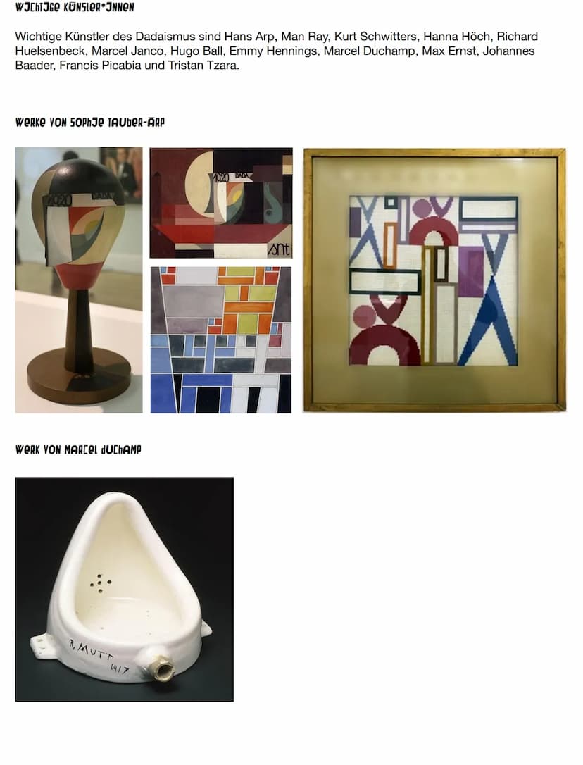 DADAJSMUS ZUSAMMENFASSUNG
Dadaismus ist eine Kunst- und Literaturrichtung, die auch als Anti-Kunst gesehen wird. Die Kunst soll
alltagstaugl