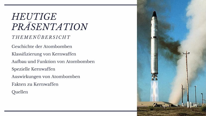 ATOMBOMBE
Ehsan, Mara und Viktor HEUTIGE
PRÄSENTATION
THEMEN ÜBERSICHT
Geschichte der Atombomben
Klassifizierung von Kernwaffen
Aufbau und F