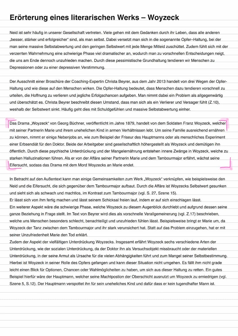 etwas genauer
Erörterung eines literarischen Werks - Woyzeck
Neid ist sehr häufig in unserer Gesellschaft vertreten. Viele gehen mit dem Ged