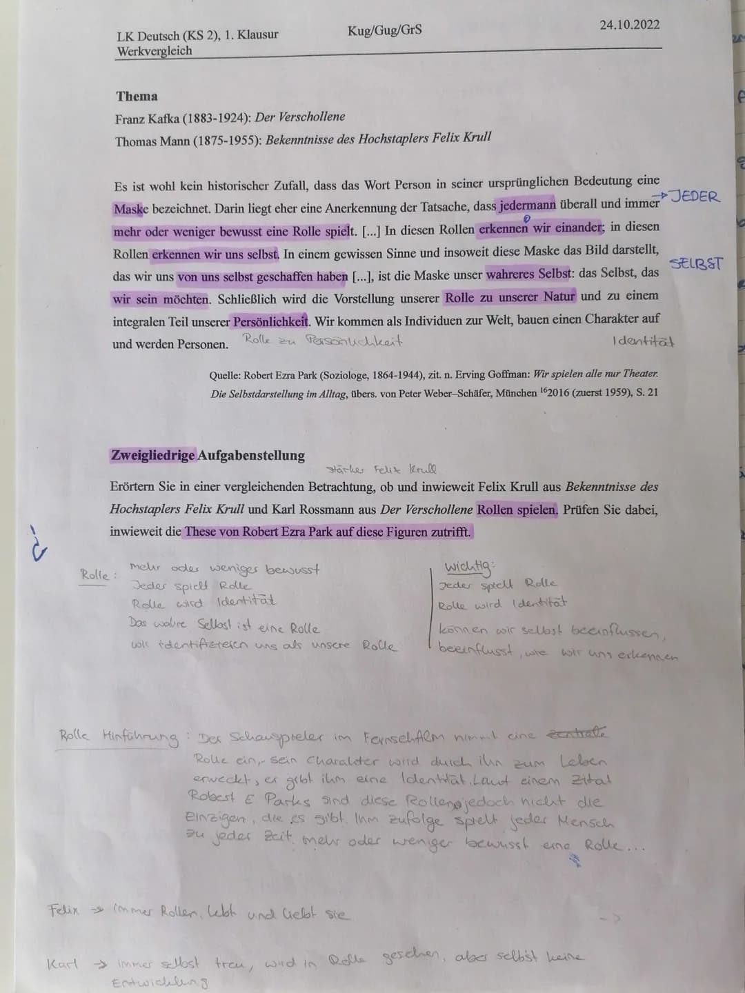 LK Deutsch (KS 2), 1. Klausur
Werkvergleich
Thema
Franz Kafka (1883-1924): Der Verschollene
Thomas Mann (1875-1955): Bekenntnisse des Hochst